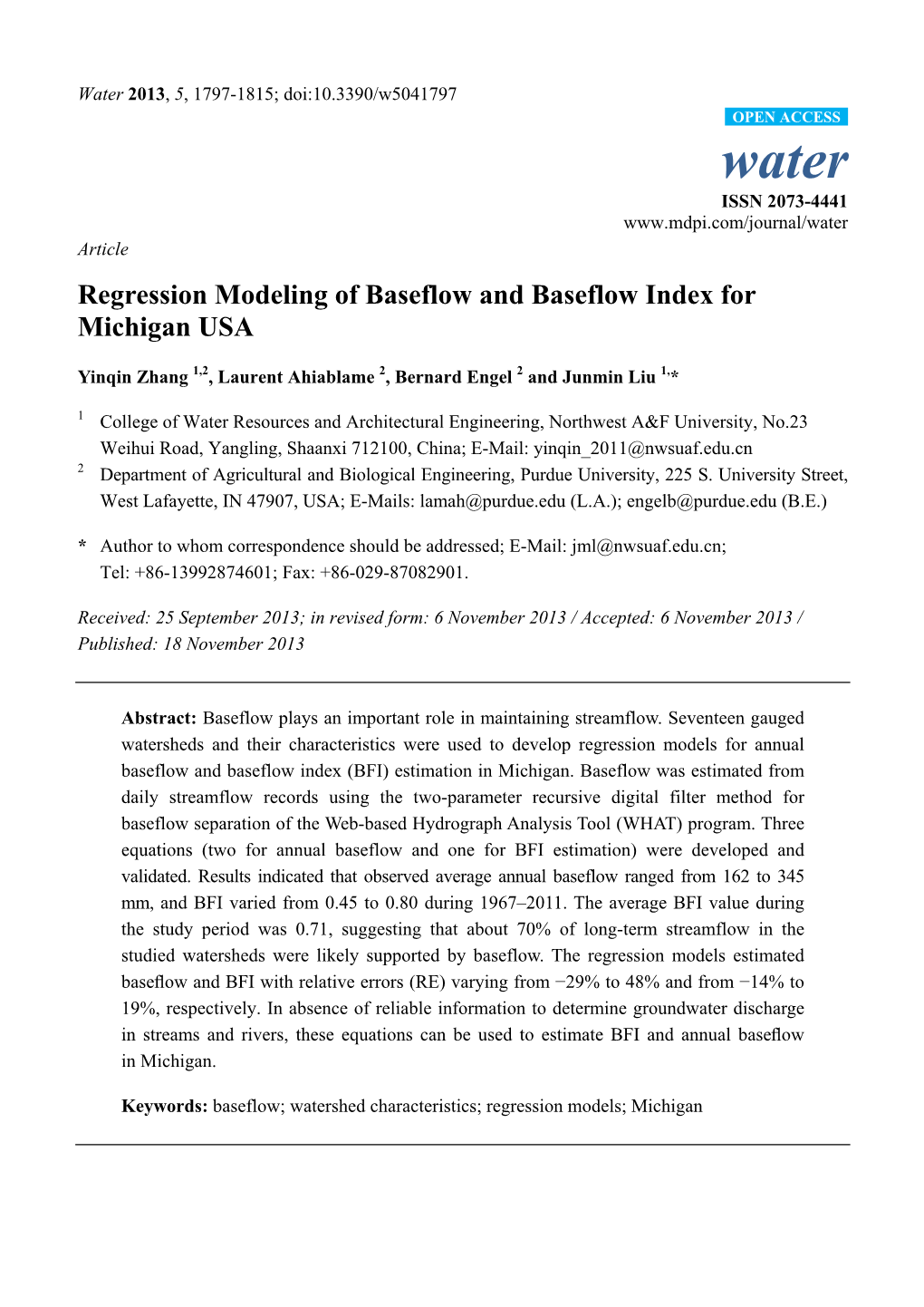 Regression Modeling of Baseflow and Baseflow Index for Michigan USA