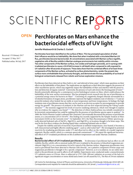Perchlorates on Mars Enhance the Bacteriocidal Effects of UV Light Jennifer Wadsworth & Charles S