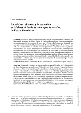 La Palabra, El Teatro Y La Seducción En Mujeres Al Borde De Un Ataque De Nervios, De Pedro Almodóvar