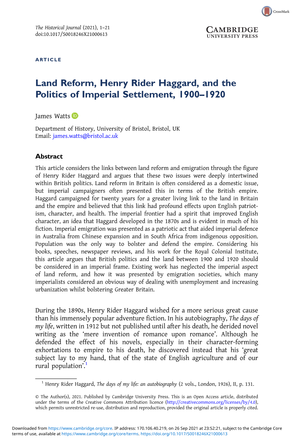 Land Reform, Henry Rider Haggard, and the Politics of Imperial Settlement, 1900–1920