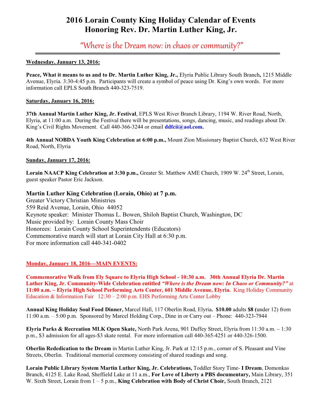 2003 Lorain County King Holiday Calendar of Events