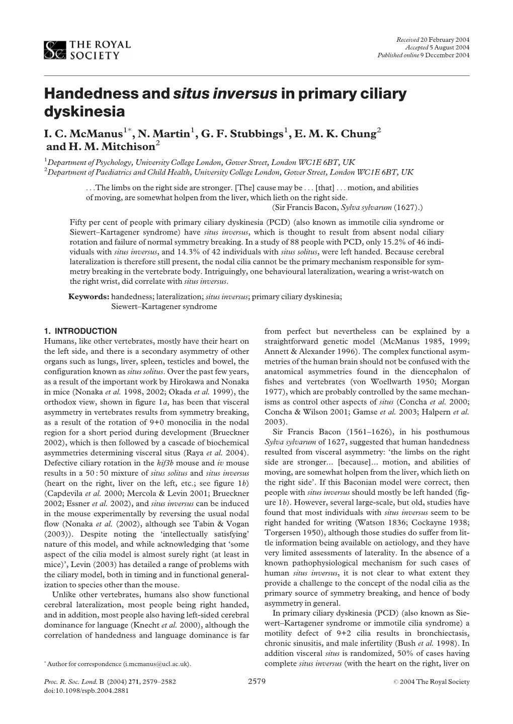 Handedness and Situs Inversus in Primary Ciliary Dyskinesia I