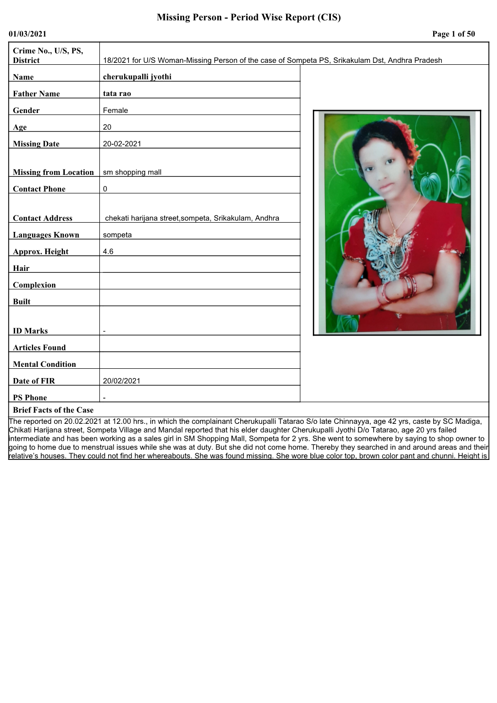 Missing Person - Period Wise Report (CIS) 01/03/2021 Page 1 of 50