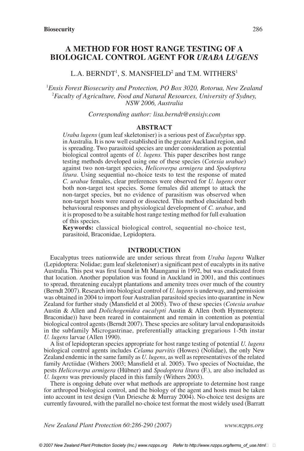 A Method for Host Range Testing of a Biological Control Agent for Uraba Lugens