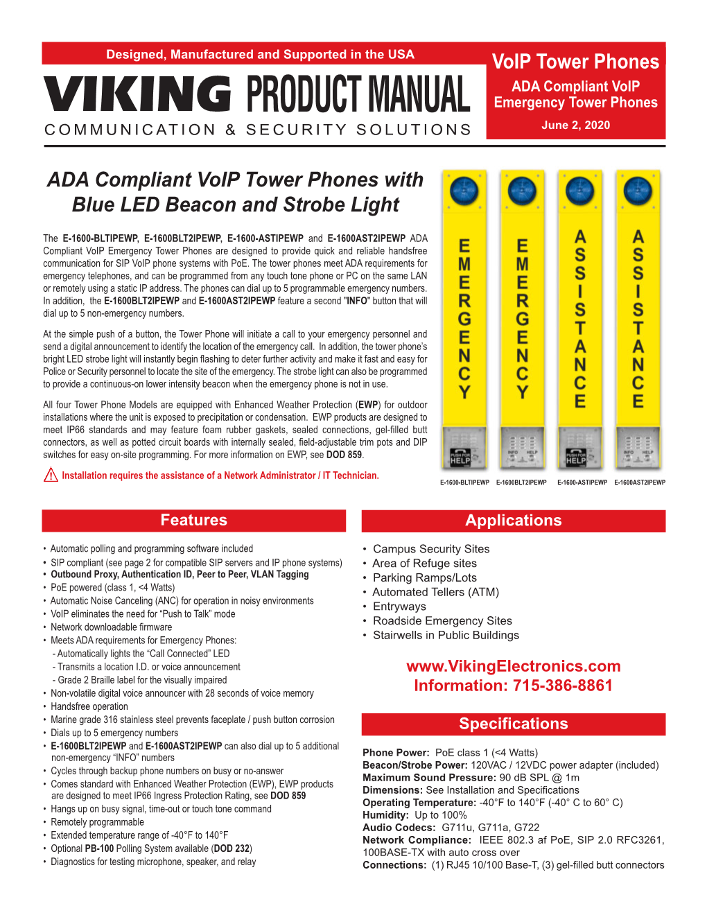 Voip Tower Phones ADA Compliant Voip VIKING PRODUCT MANUAL Emergency Tower Phones COMMUNICATION & SECURITY SOLUTIONS June 2, 2020