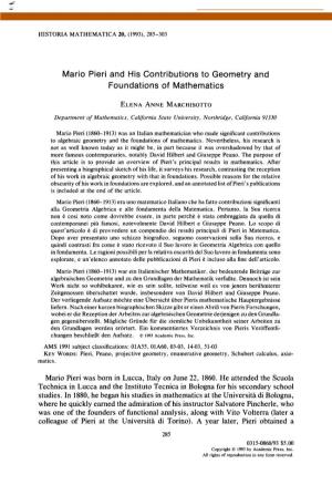 Mario Pieri and His Contributions to Geometry and Foundations of Mathematics