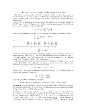 1. Inverse Function Theorem for Holomorphic Functions the Field Of