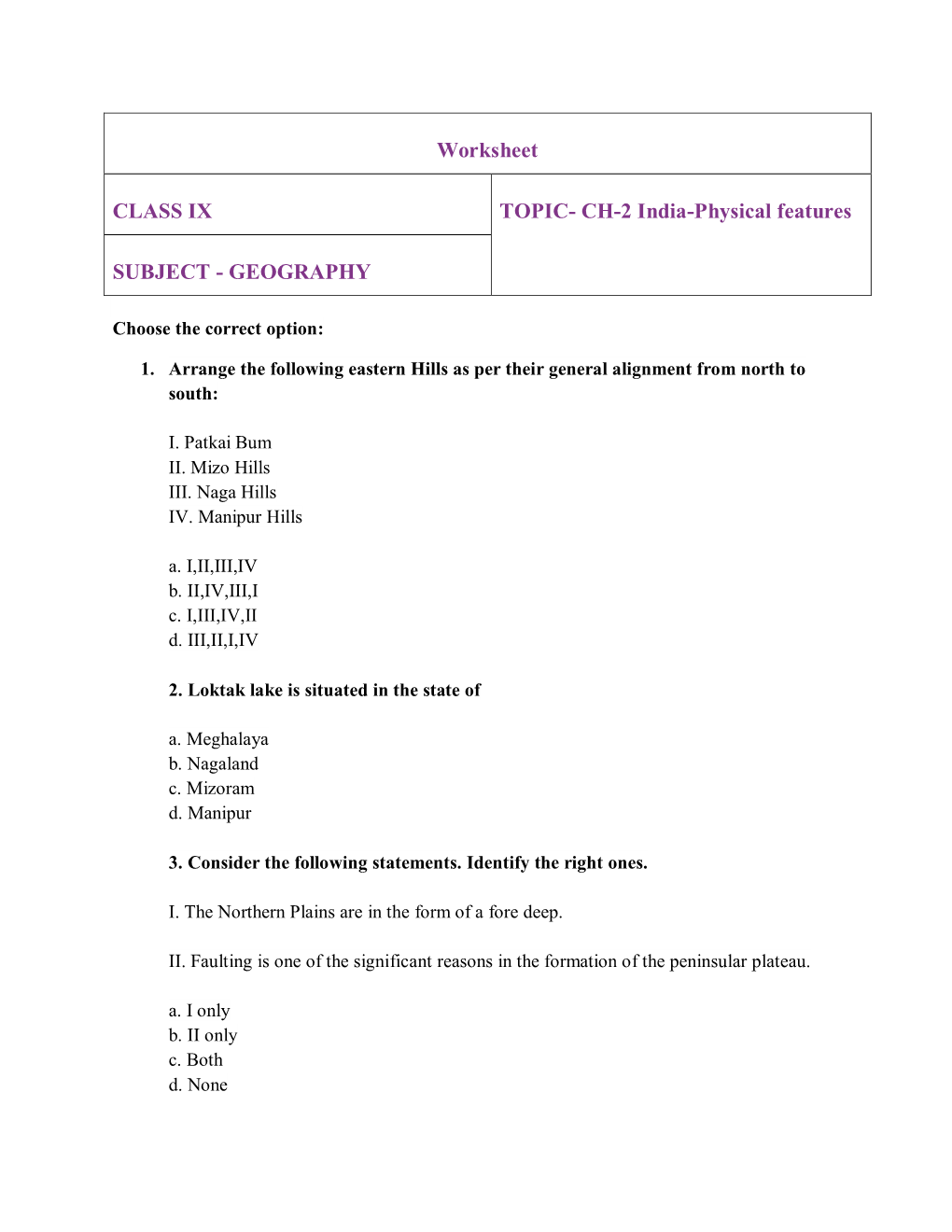 Worksheet CLASS IX TOPIC- CH-2 India-Physical Features SUBJECT