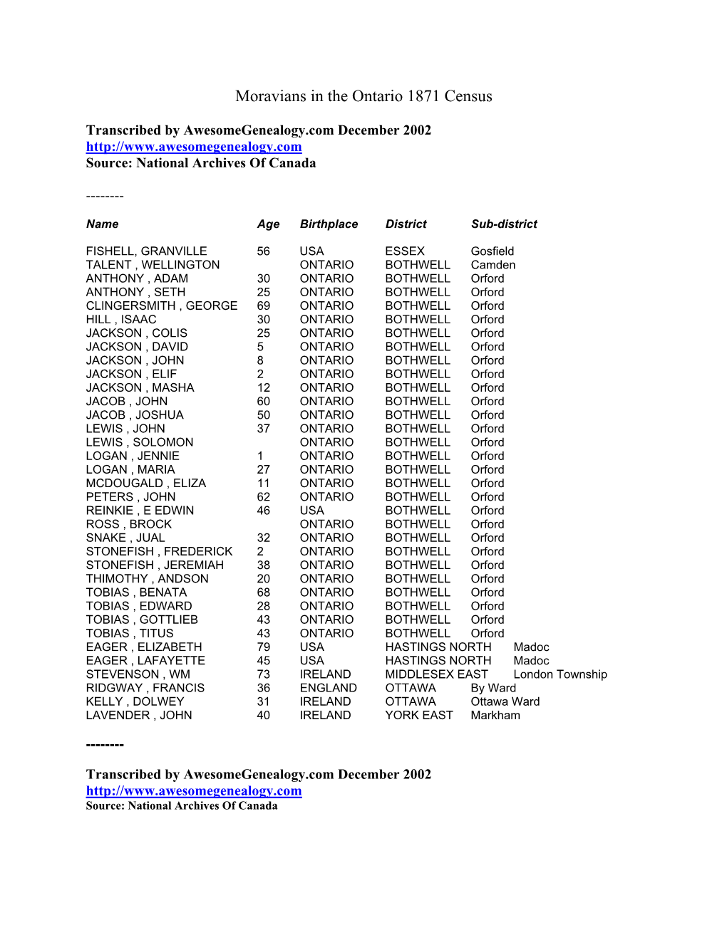 Instances of Moravians in the 1871 Ontario