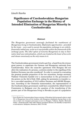Significance of Czechoslovakian–Hungarian Population Exchange in the History of Intended Elimination of Hungarian Minority in Czechoslovakia