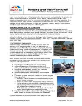 Managing Street Wash Water Runoff Stormwater Fact Sheet – Protecting Our Water Quality