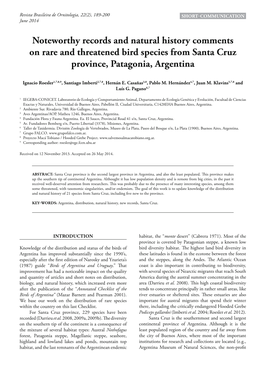 Noteworthy Records and Natural History Comments on Rare and Threatened Bird Species from Santa Cruz Province, Patagonia, Argentina