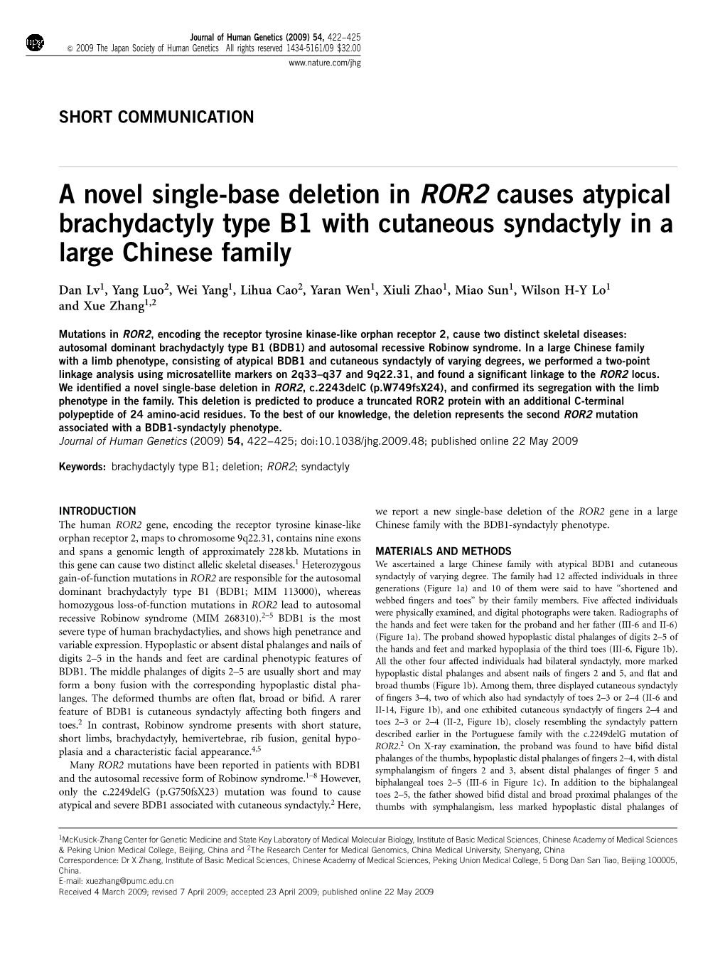 A Novel Single-Base Deletion in ROR2 Causes Atypical Brachydactyly Type B1 with Cutaneous Syndactyly in a Large Chinese Family