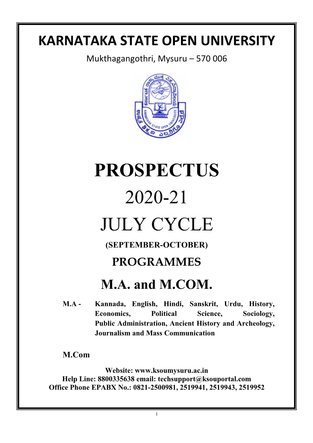 Prospectus 2020-21 July Cycle (September-October) Programmes M.A