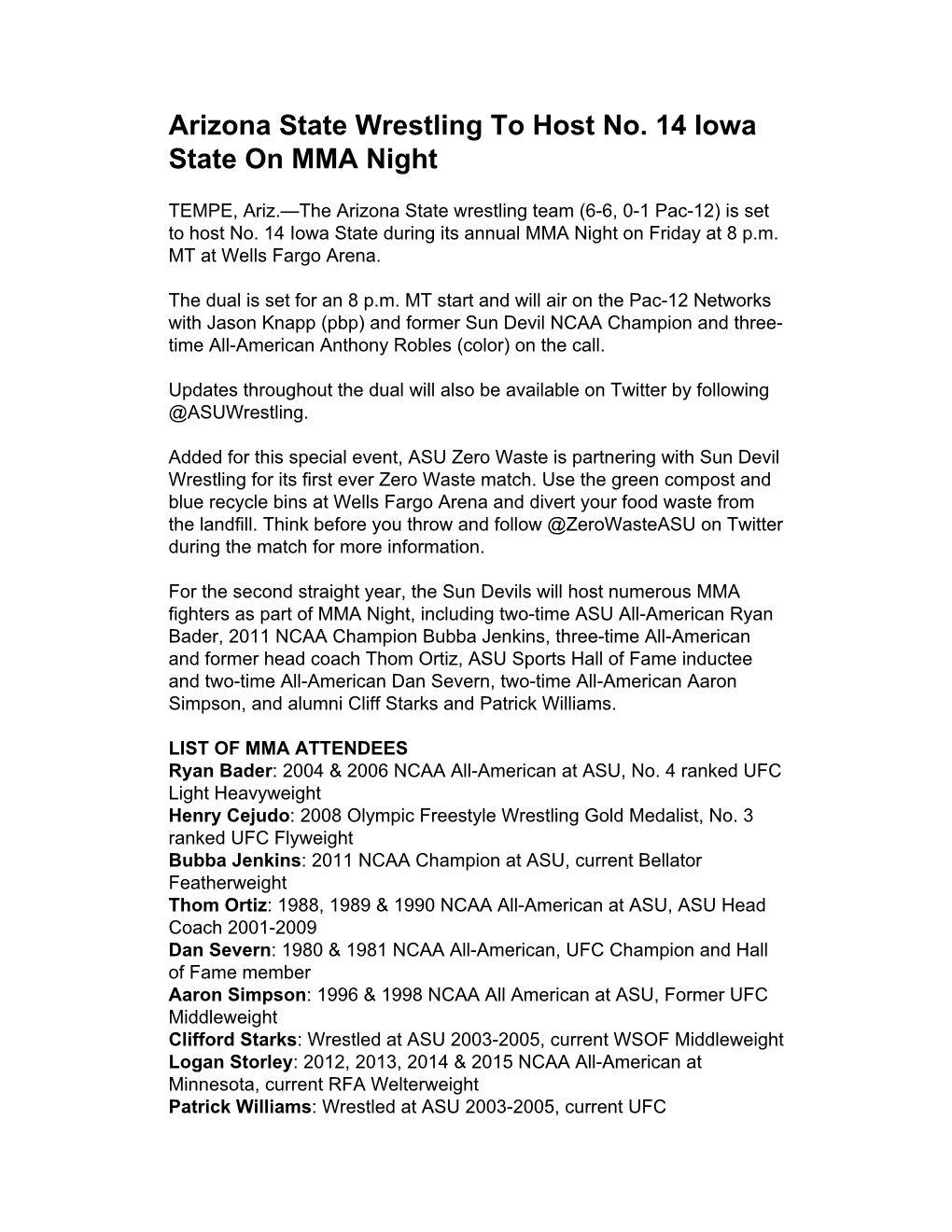 Arizona State Wrestling to Host No. 14 Iowa State on MMA Night