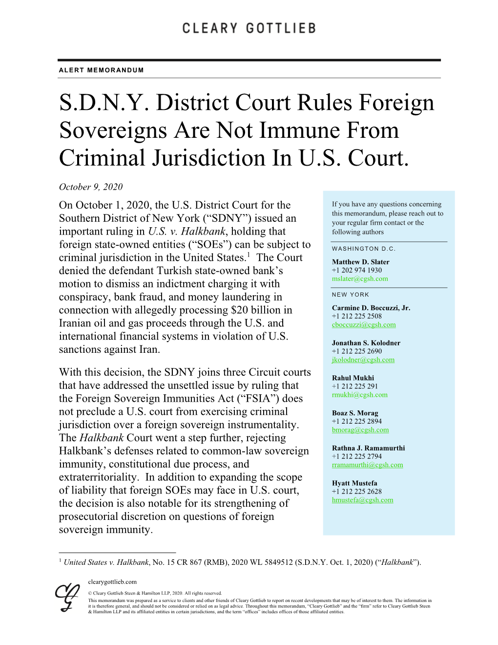 S.D.N.Y. District Court Rules Foreign Sovereigns Are Not Immune from Criminal Jurisdiction in U.S. Court