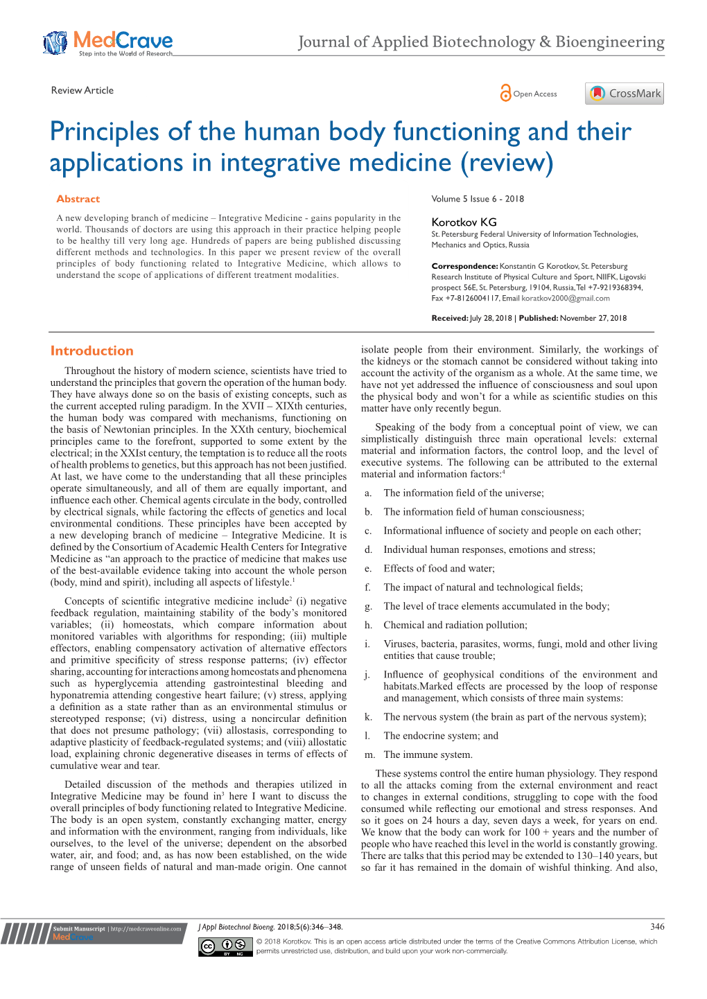 Principles of the Human Body Functioning and Their Applications in Integrative Medicine (Review)