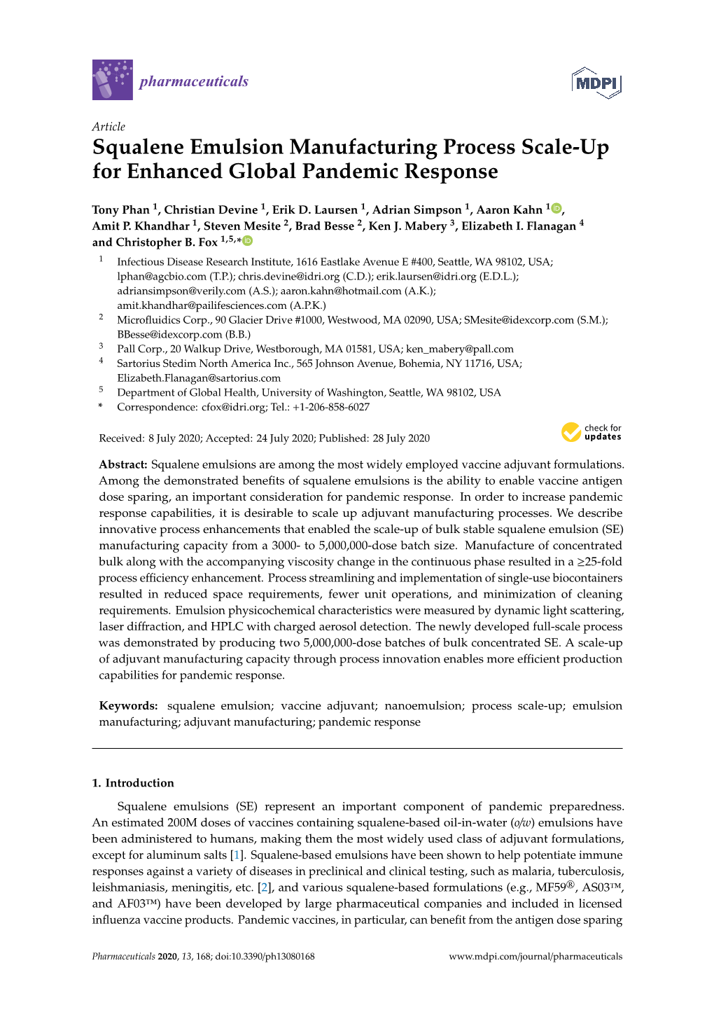 Squalene Emulsion Manufacturing Process Scale-Up for Enhanced Global Pandemic Response