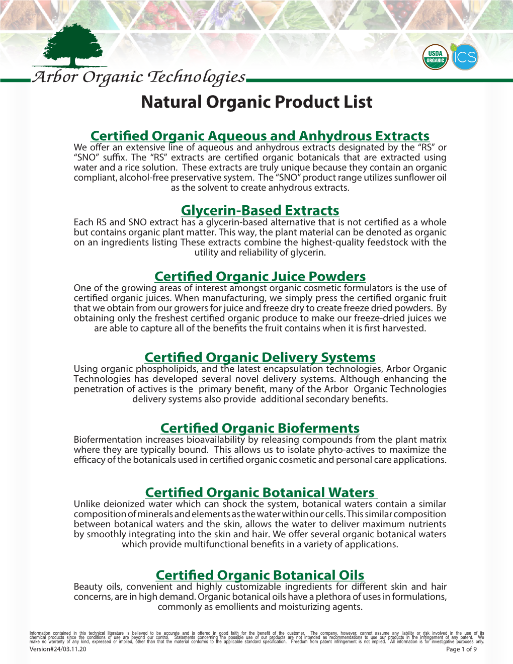 Natural Organic Product List