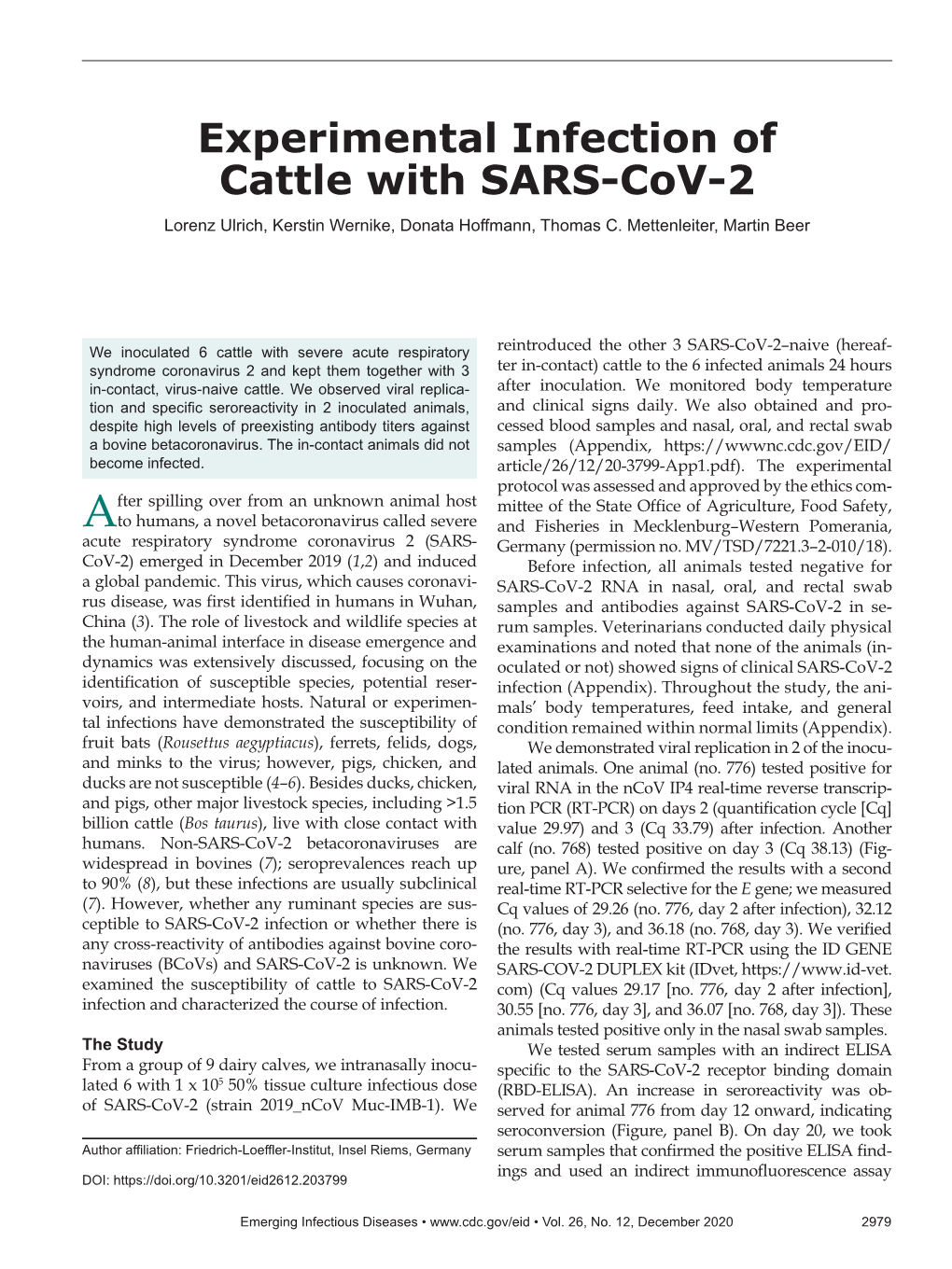 Experimental Infection of Cattle with SARS-Cov-2 Lorenz Ulrich, Kerstin Wernike, Donata Hoffmann, Thomas C