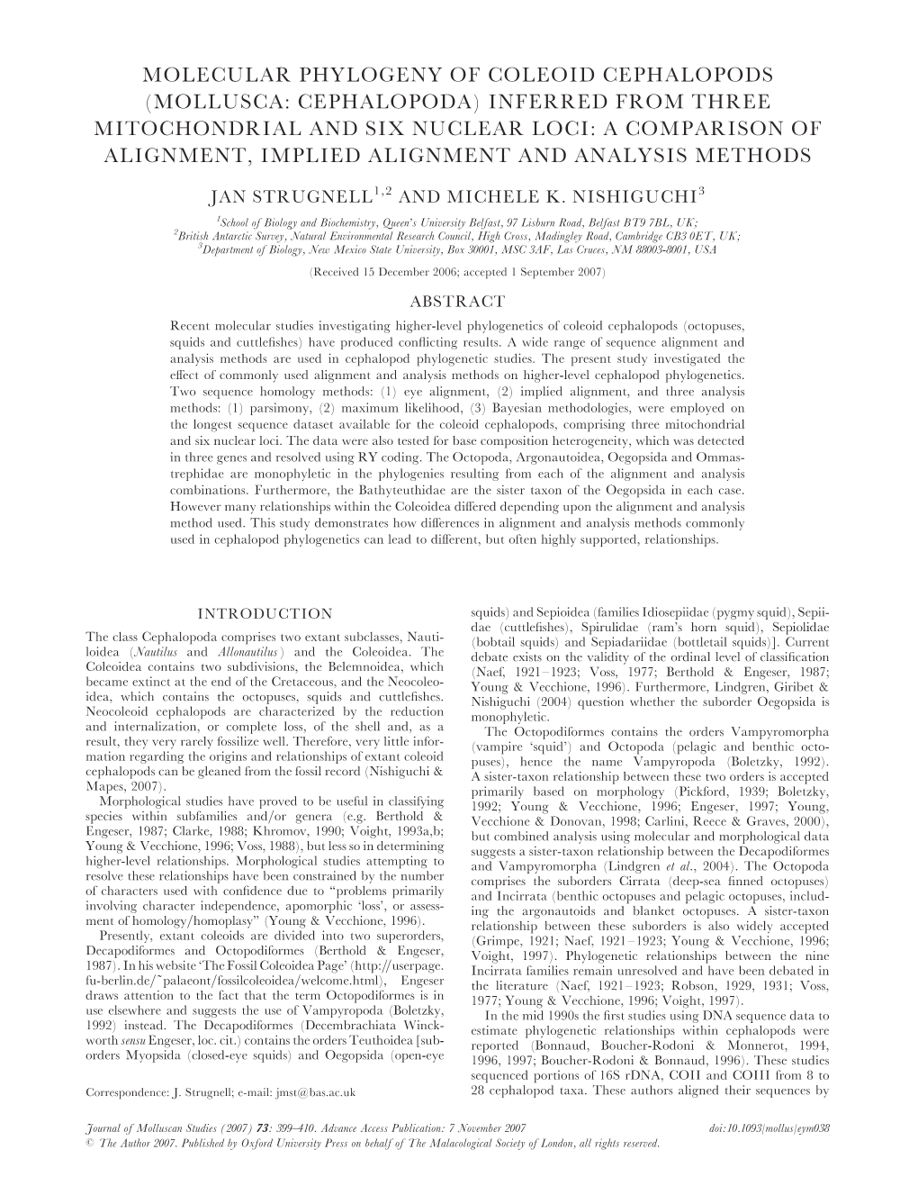 Molecular Phylogeny of Coleoid Cephalopods (Mollusca: Cephalopoda) Inferred from Three Mitochondrial and Six Nuclear Loci: A