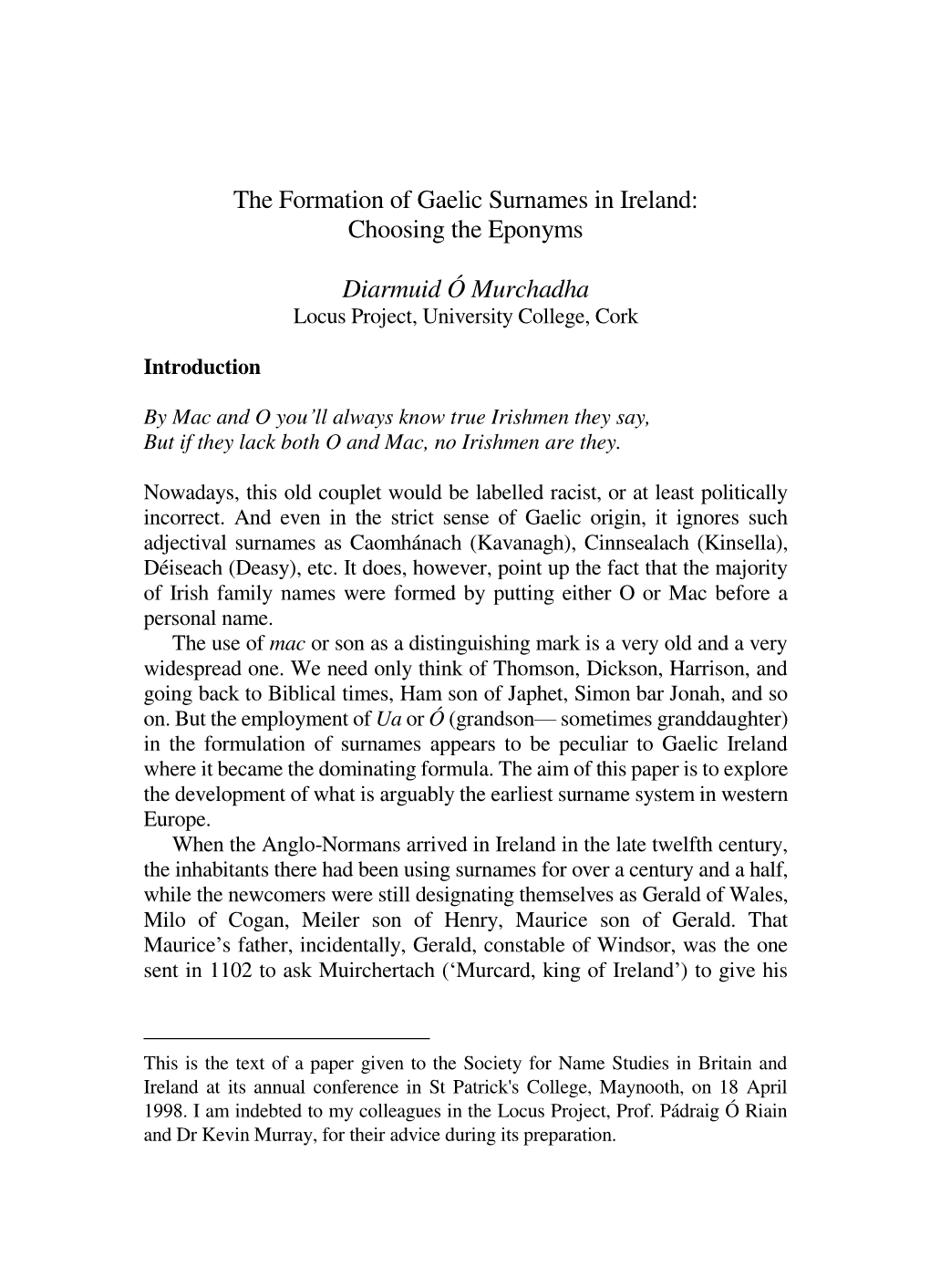 The Formation of Gaelic Surnames in Ireland: Choosing the Eponyms