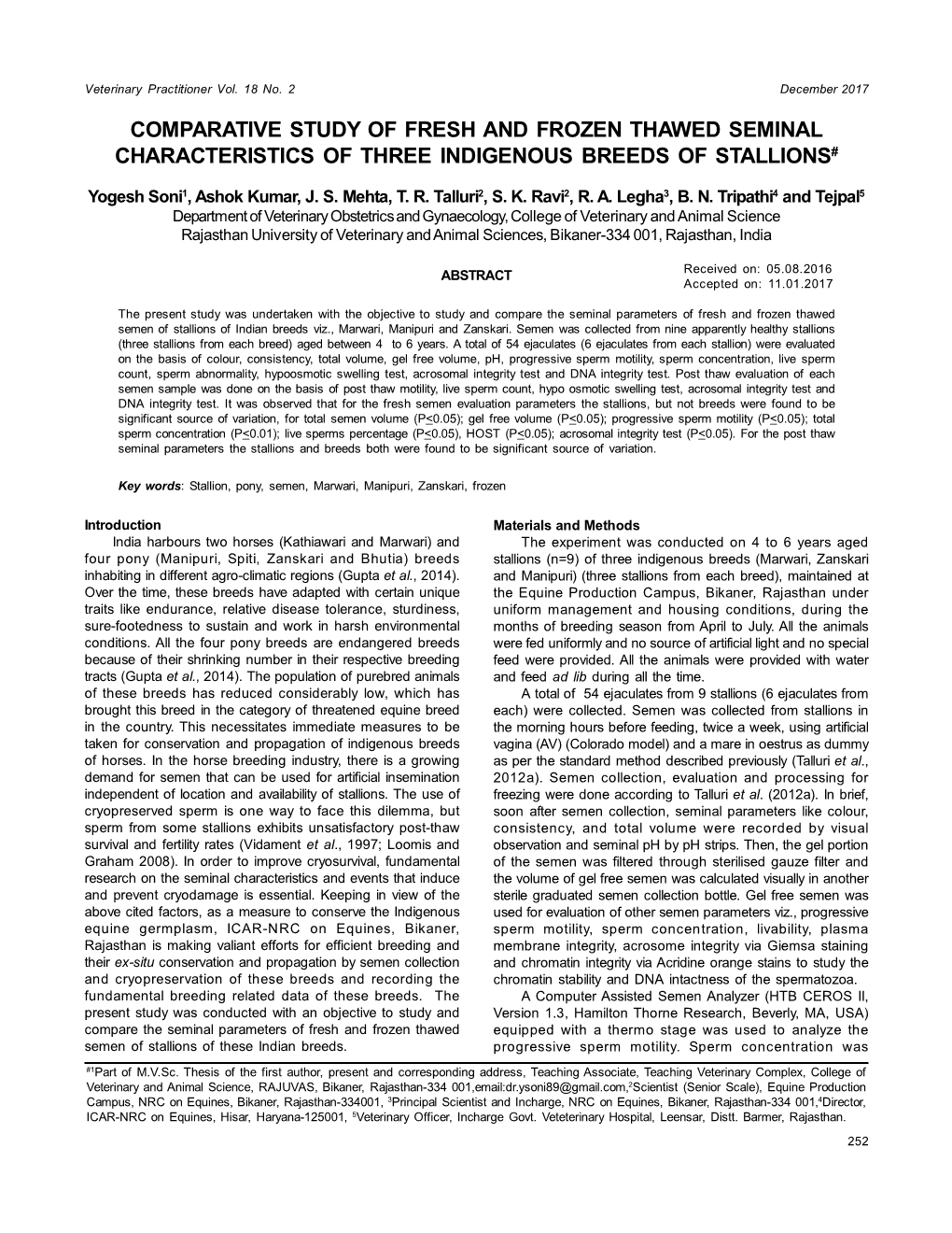 Comparative Study of Fresh and Frozen Thawed Seminal Characteristics of Three Indigenous Breeds of Stallions