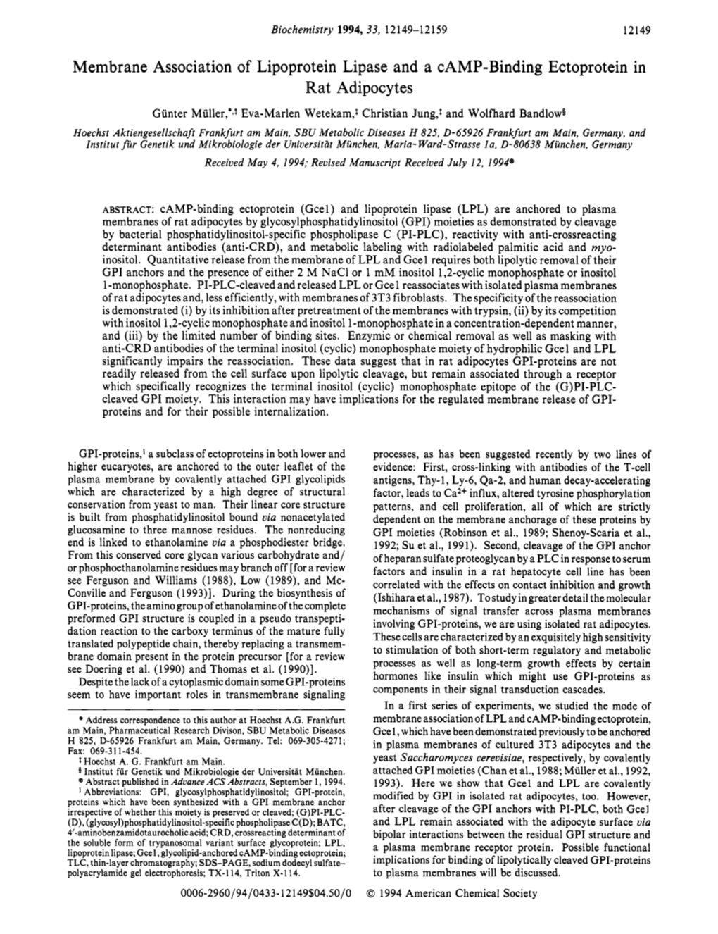 Membrane Association of Lipoprotein Lipase and a Camp-Binding