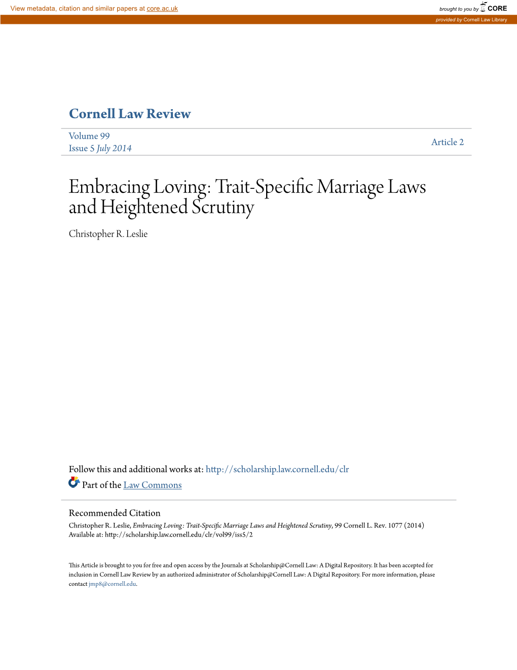 Trait-Specific Marriage Laws and Heightened Scrutiny