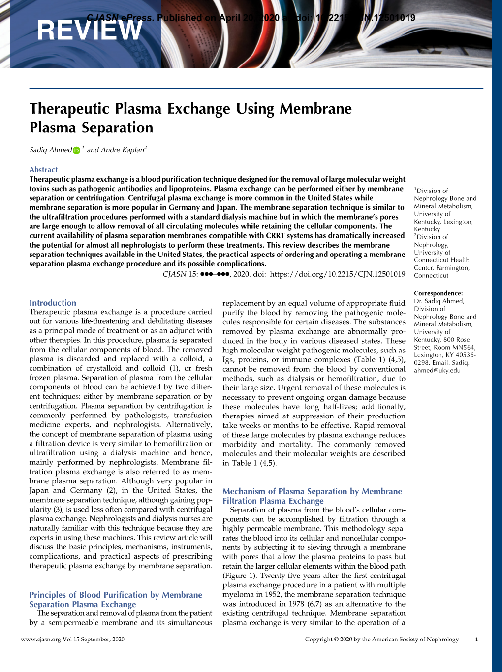 Therapeutic Plasma Exchange Using Membrane Plasma Separation