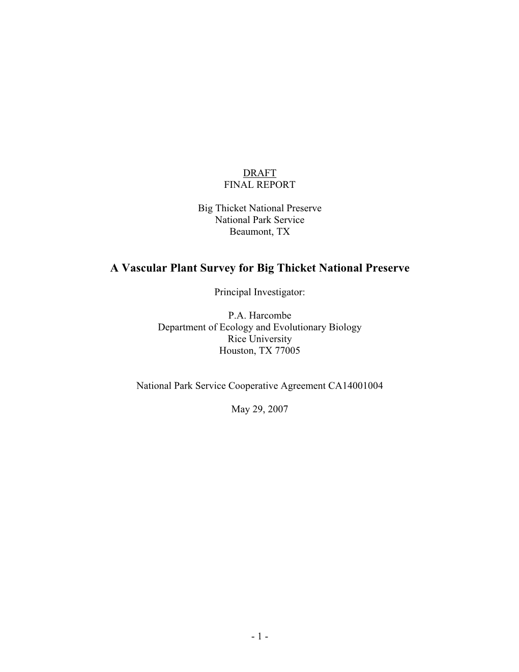 A Vascular Plant Survey for Big Thicket National Preserve