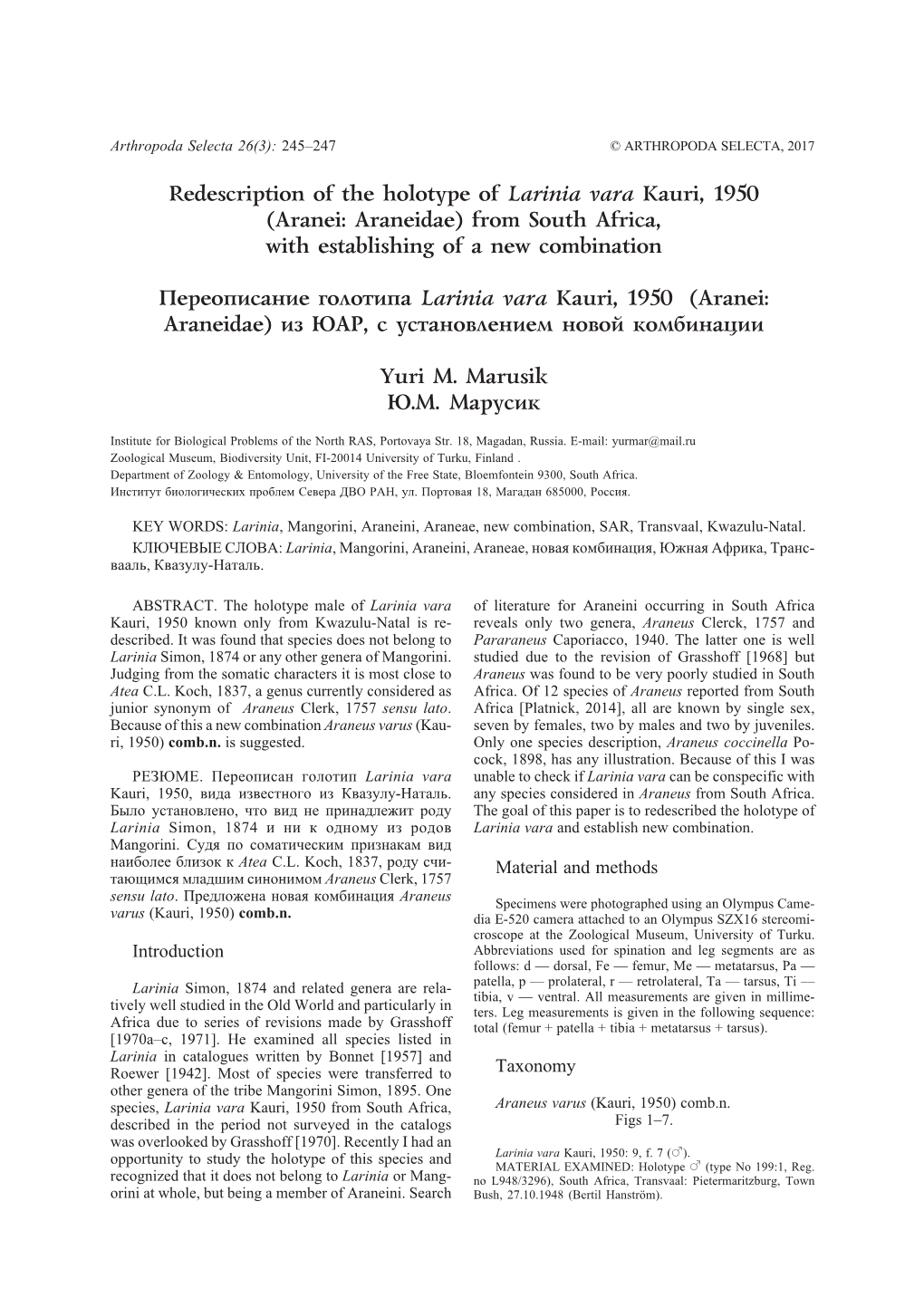 Redescription of the Holotype of Larinia Vara Kauri, 1950 (Aranei: Araneidae) from South Africa, with Establishing of a New Combination