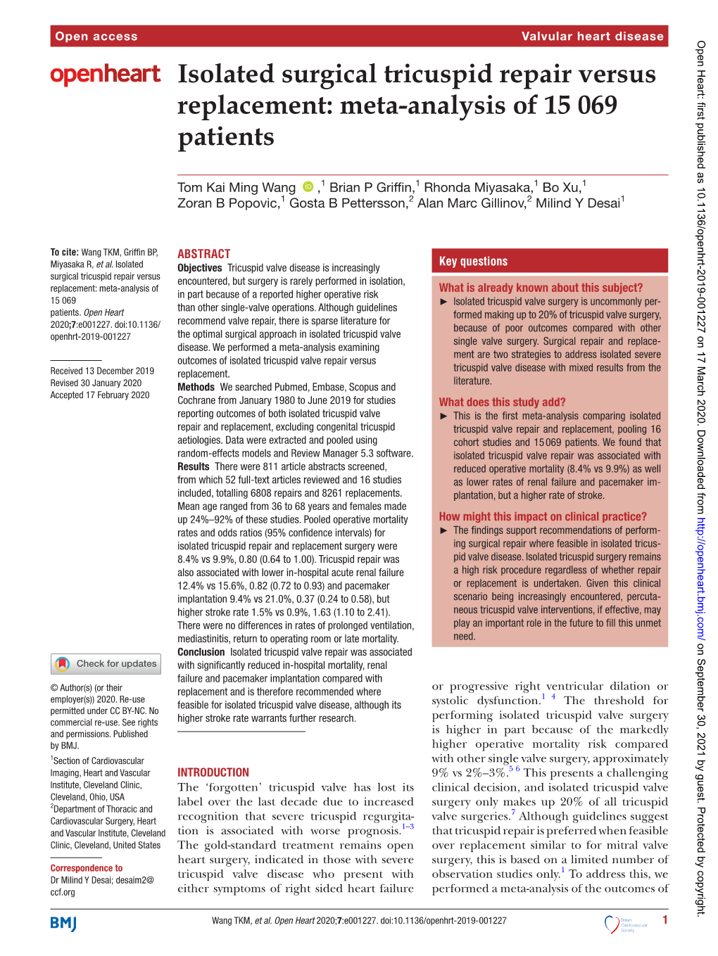 Isolated Surgical Tricuspid Repair Versus Replacement: Meta-­Analysis of 15 069 Patients