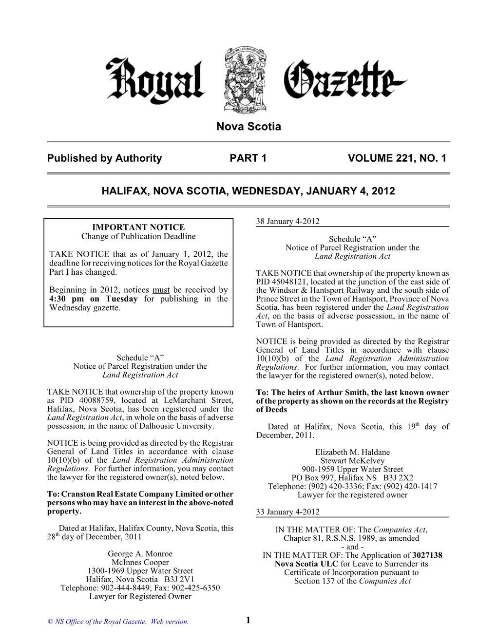 NS Royal Gazette Part I