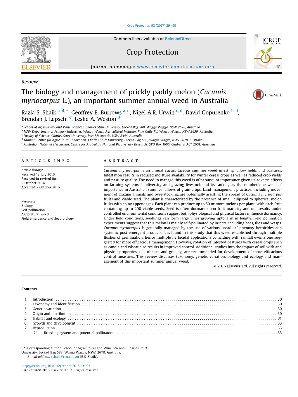 The Biology and Management of Prickly Paddy Melon (Cucumis Myriocarpus L.), an Important Summer Annual Weed in Australia