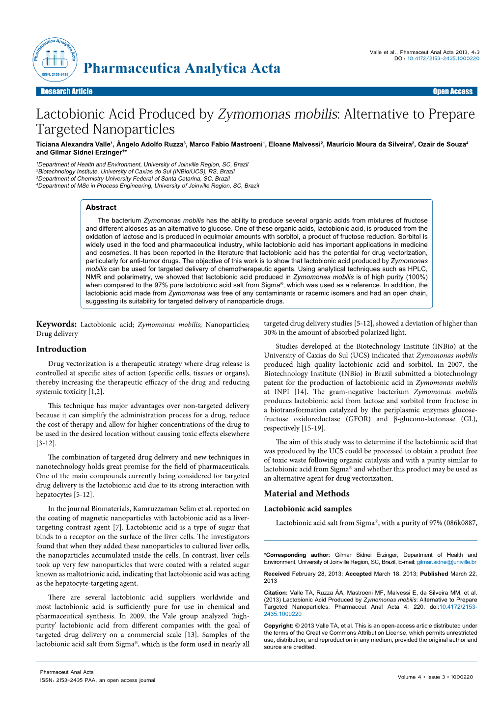 Lactobionic Acid Produced by Zymomonas Mobilis: Alternative To