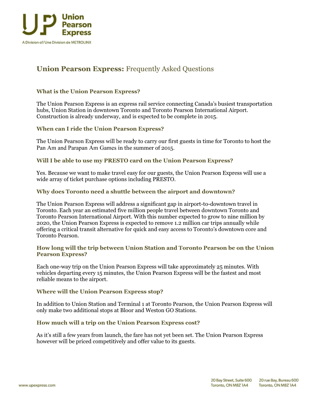 Union Pearson Express: Frequently Asked Questions