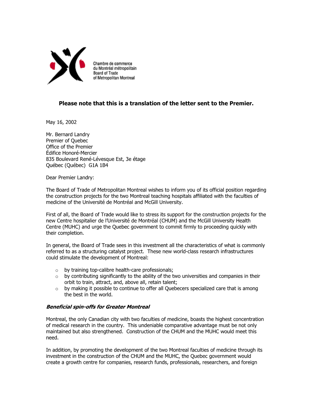 Please Note That This Is a Translation of the Letter Sent to the Premier