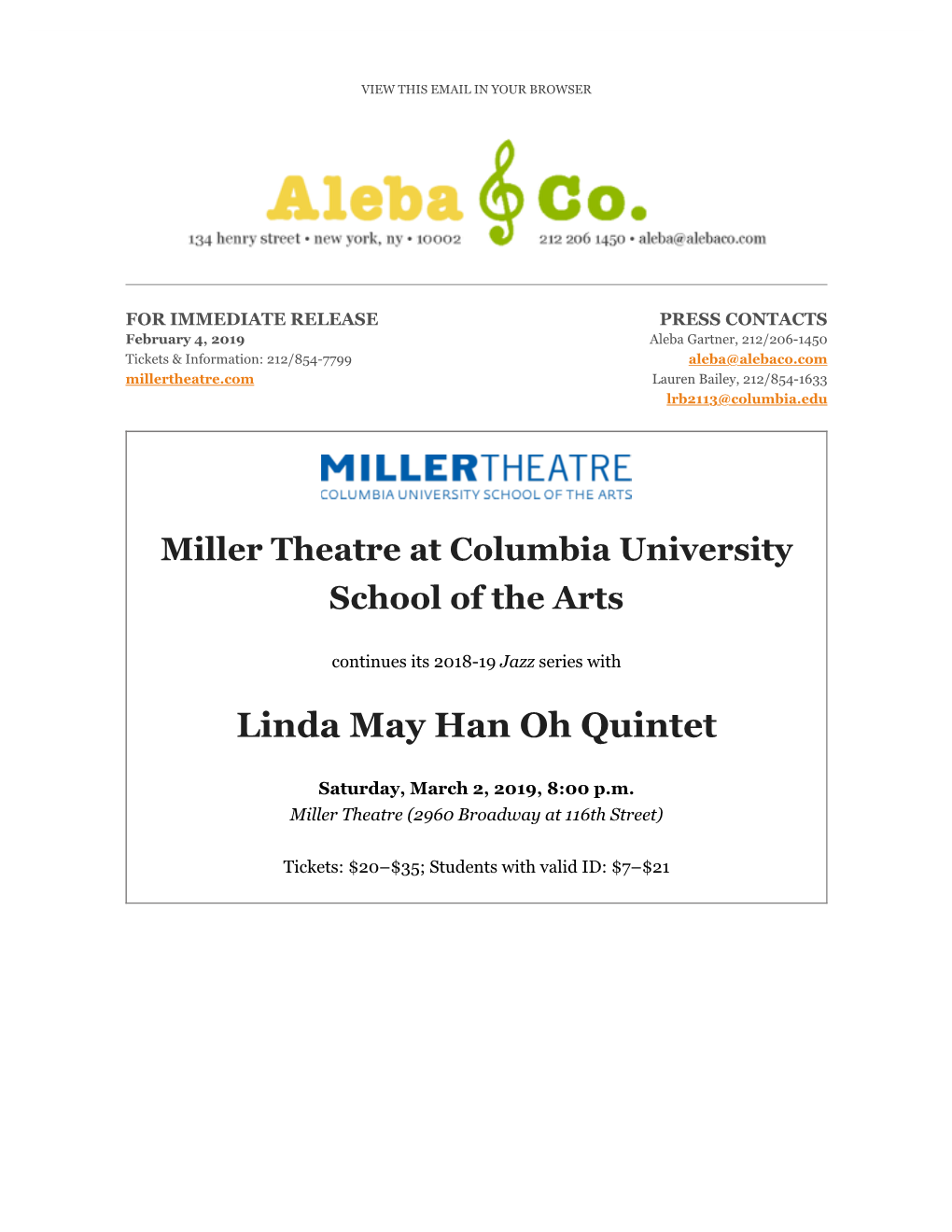 Linda May Han Oh Quintet to Perform on Miller Theatre's Jazz Series