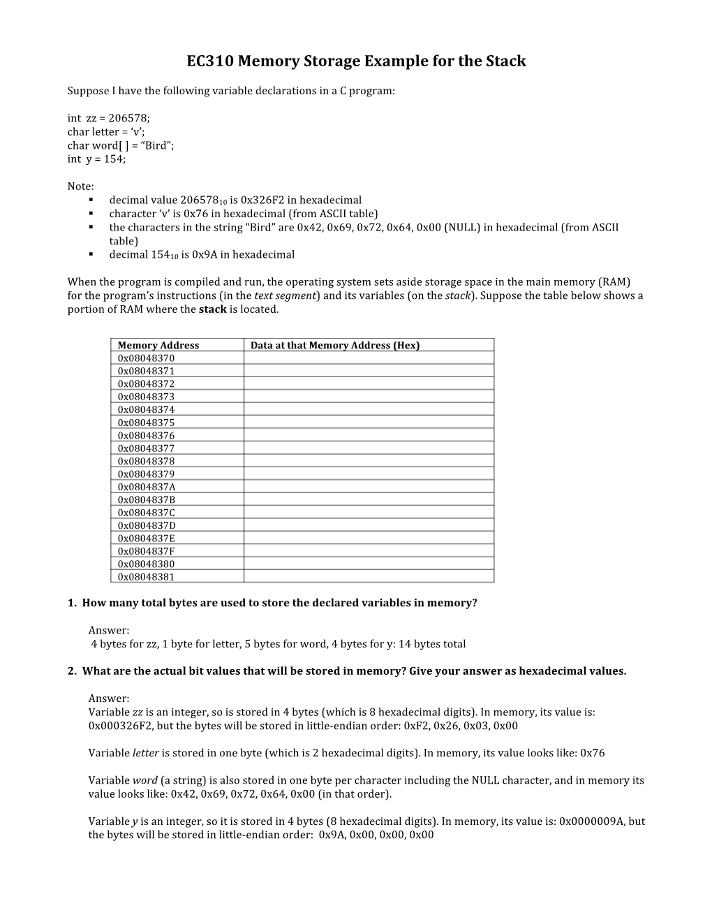 EC310 Memory Storage Example for the Stack