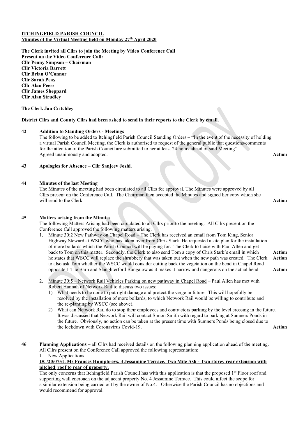 ITCHINGFIELD PARISH COUNCIL Minutes of the Virtual Meeting Held on Monday 27Th April 2020