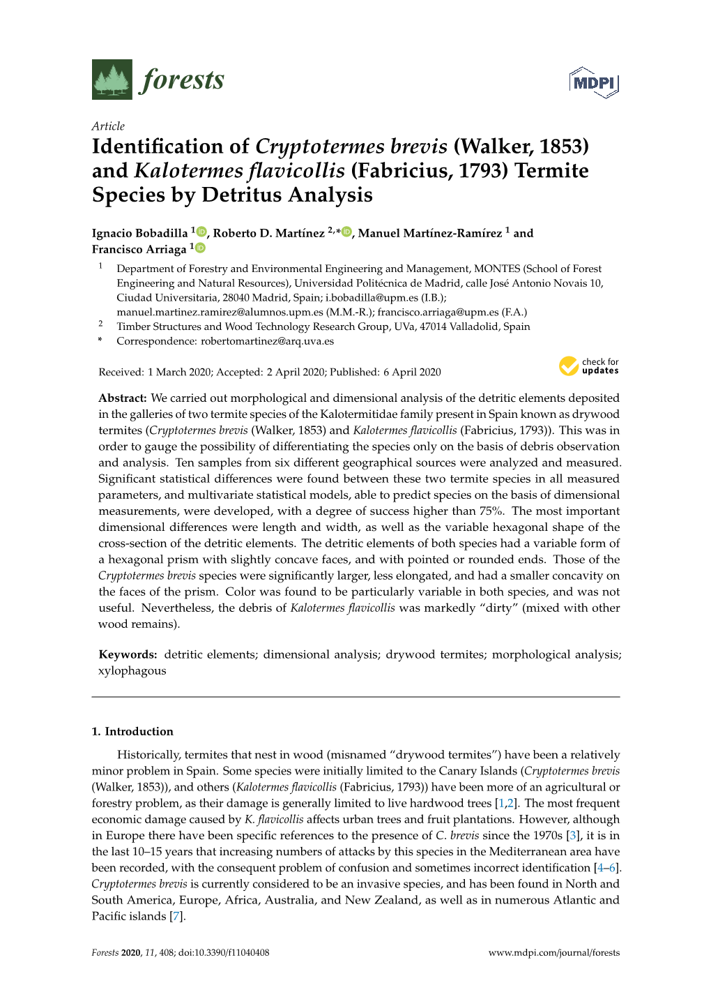 Identification of Cryptotermes Brevis (Walker, 1853) and Kalotermes