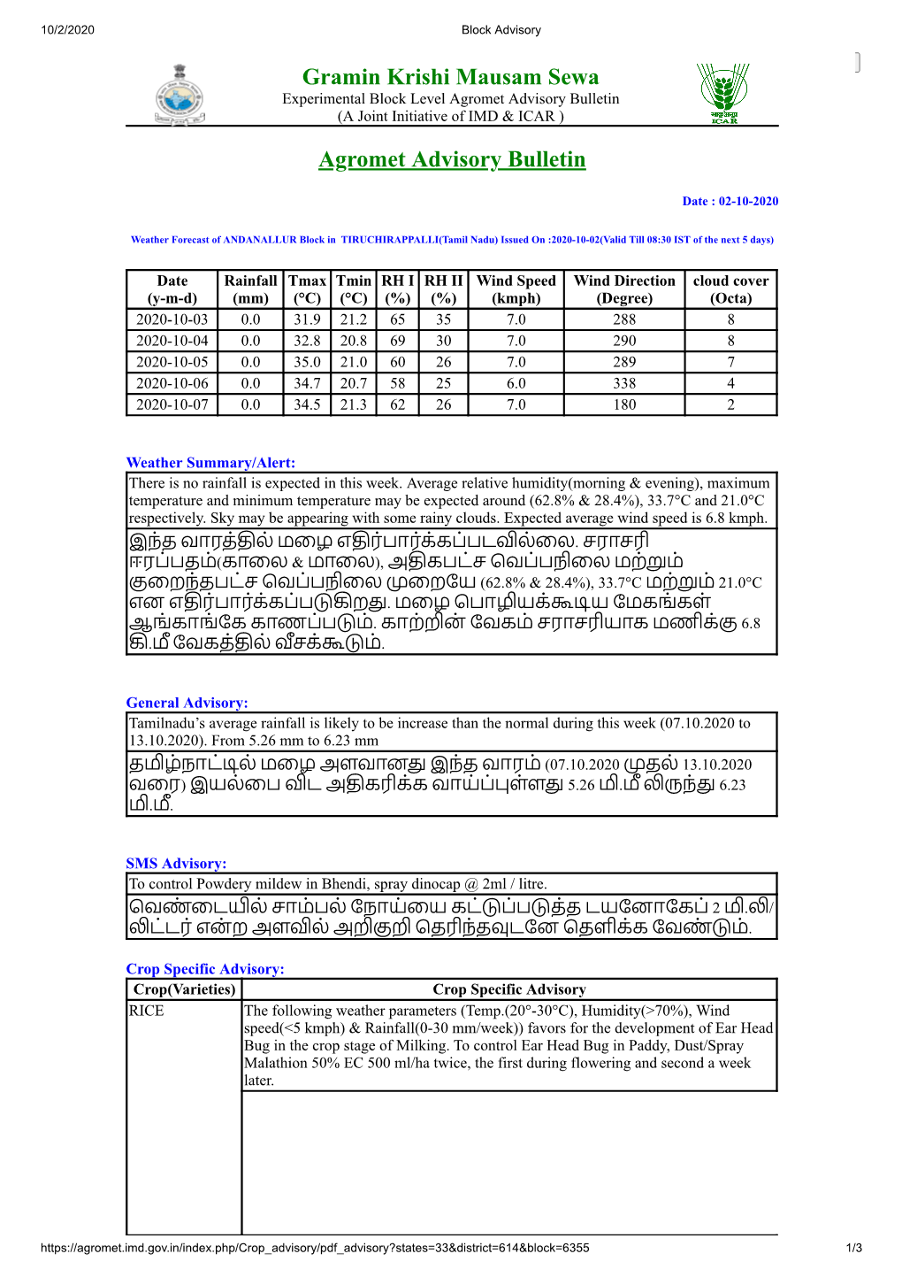 Gramin Krishi Mausam Sewa Agromet Advisory Bulletin