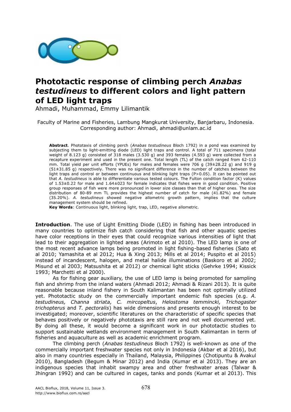 Anabas Testudineus to Different Colors and Light Pattern of LED Light Traps Ahmadi, Muhammad, Emmy Lilimantik