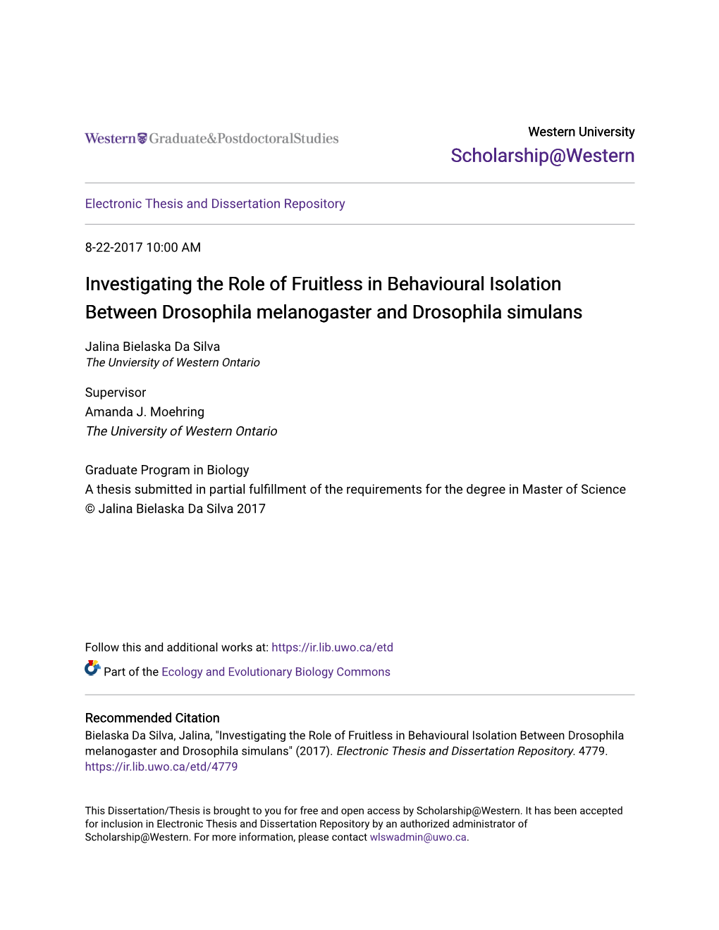 Investigating the Role of Fruitless in Behavioural Isolation Between Drosophila Melanogaster and Drosophila Simulans