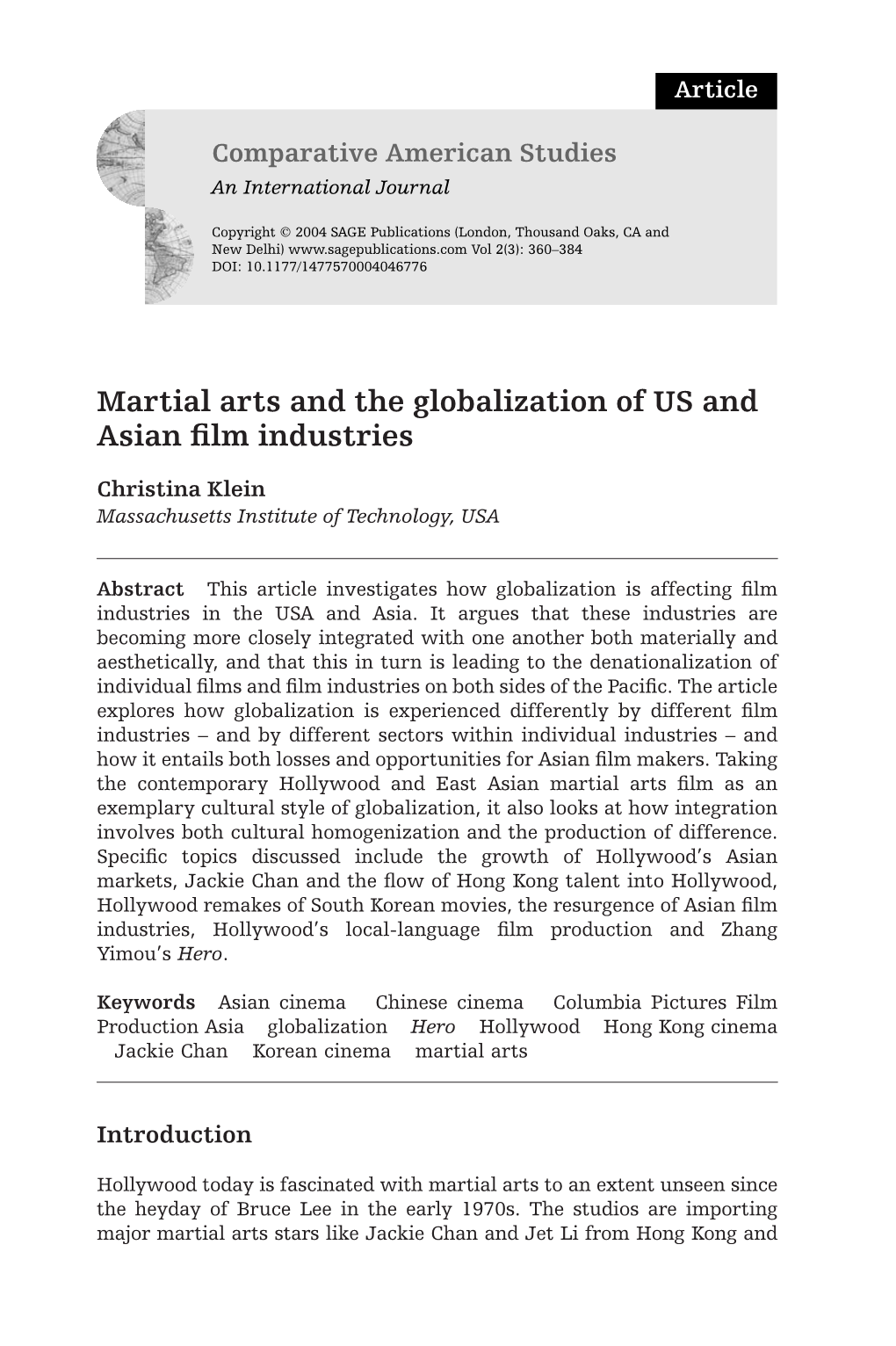 Martial Arts and the Globalization of US and Asian Film Industries