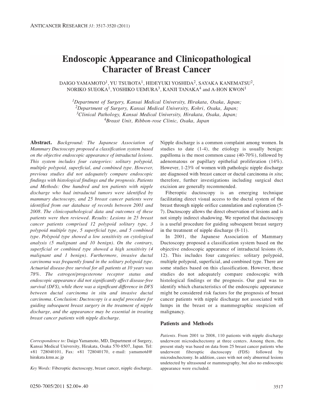 Endoscopic Appearance and Clinicopathological Character of Breast Cancer