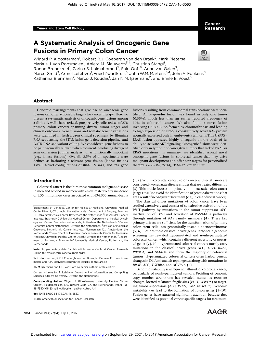 A Systematic Analysis of Oncogenic Gene Fusions in Primary Colon Cancer Wigard P