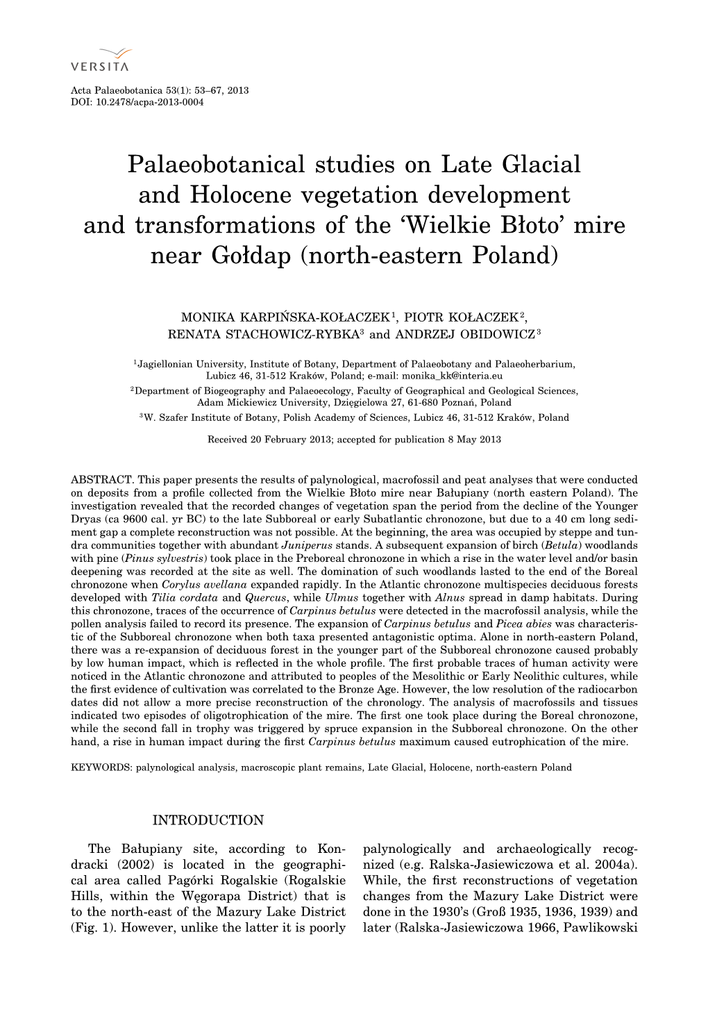 Palaeobotanical Studies on Late Glacial and Holocene Vegetation Development and Transformations of the ‘Wielkie Błoto’ Mire Near Gołdap (North-Eastern Poland)