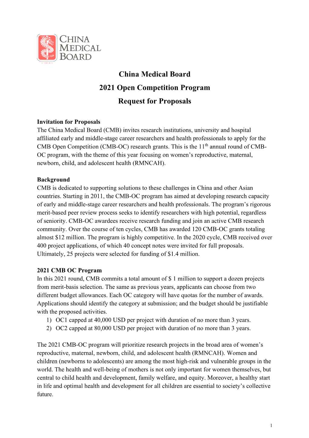 China Medical Board 2021 Open Competition Program Request for Proposals